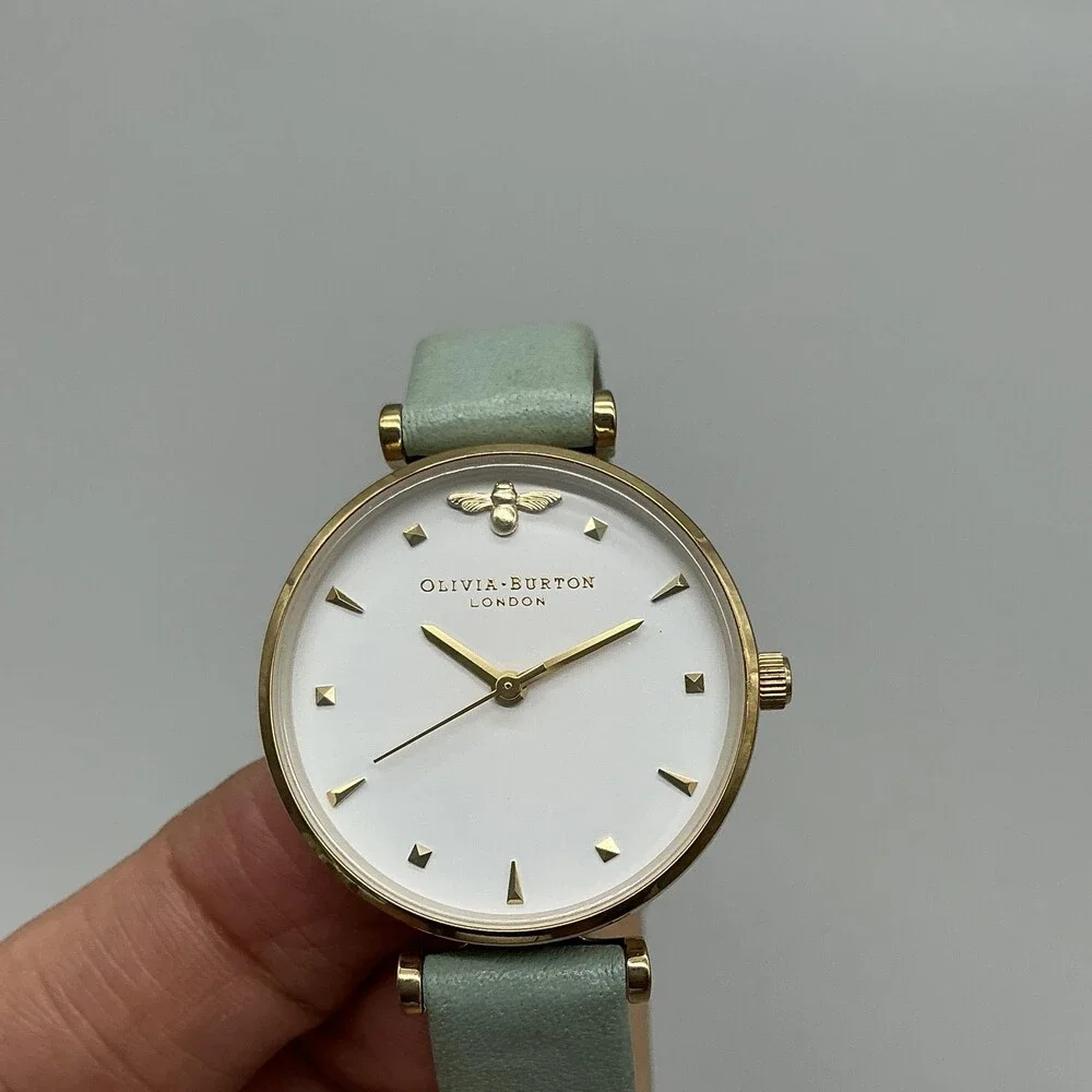 Olivia Burton Womens Watch 29mm Bee Logo Mint Green Leather Gold Tone New Batt
